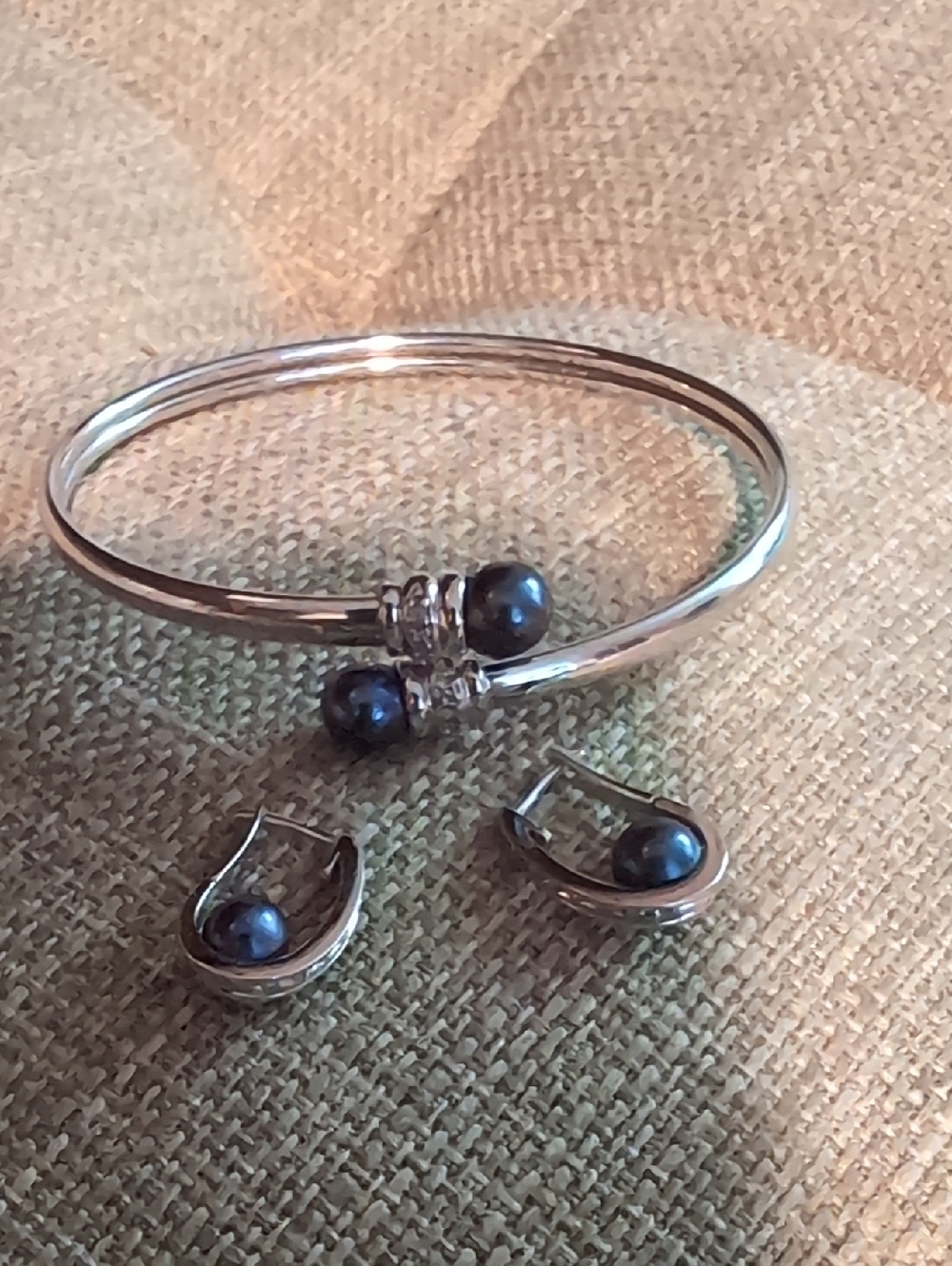 Silver Bracelet and Earrings Set with Gray Pearl Accents & Real Diamonds